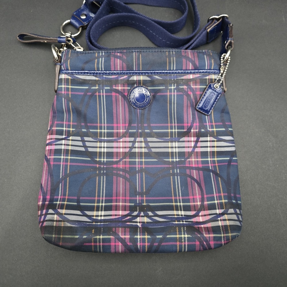 Coach Poppy Tartan Plaid Signature Crossbody Bag Purse Blue Purple Pink - Picture 2 of 12